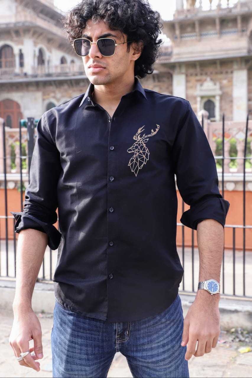 Deer Embroidered Black Shirt