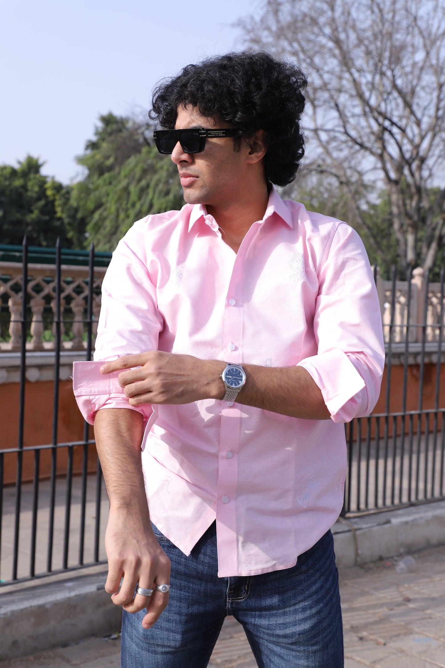 Pink Floral Embroidered Shirt