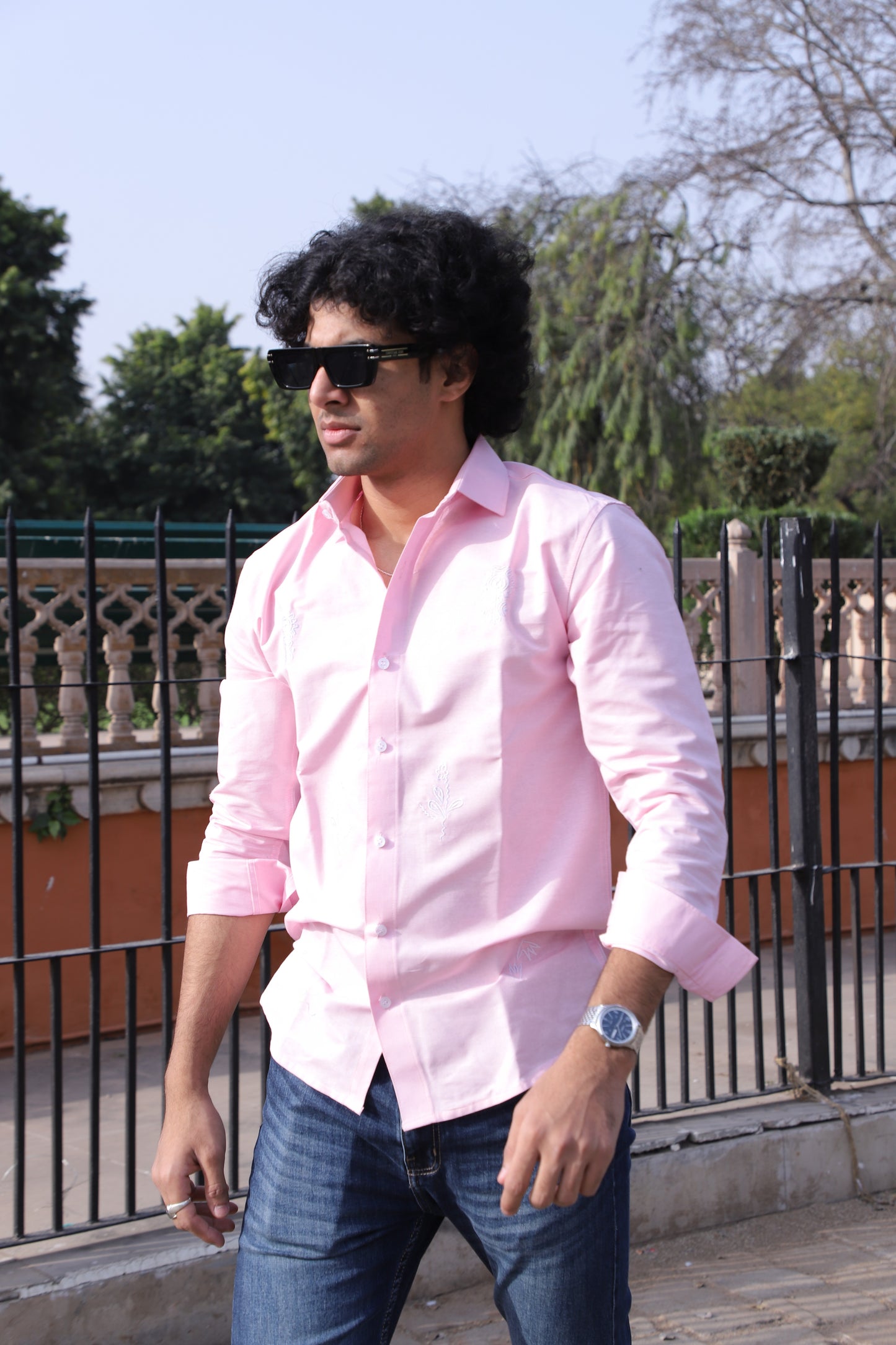 Pink Floral Embroidered Shirt