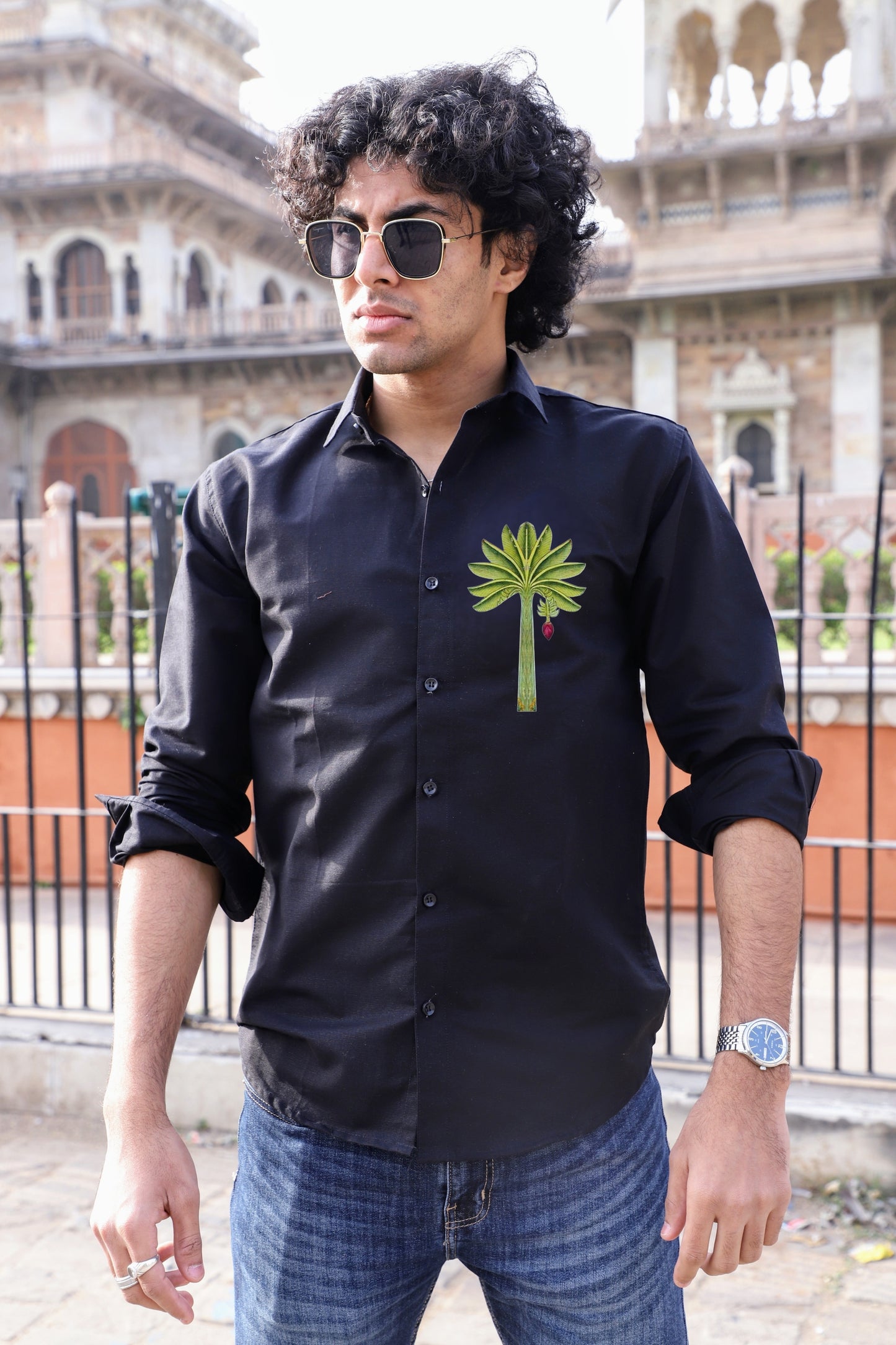 Palm Tree Printed Black Shirt
