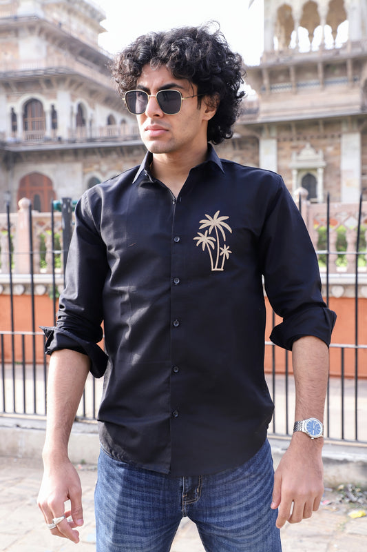 Palm Tree Embroidered Black Shirt