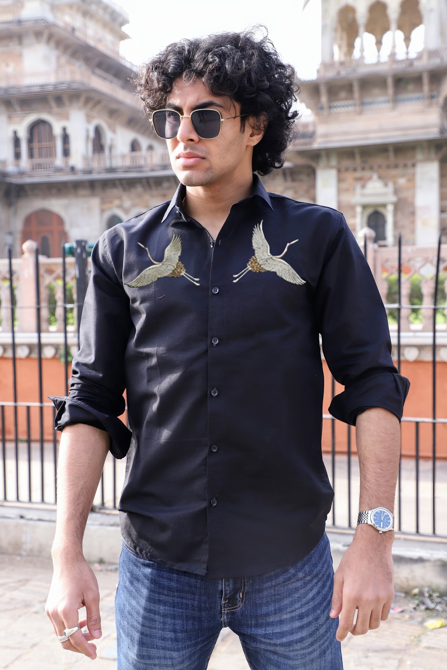 Bird Embroidered Black Shirt
