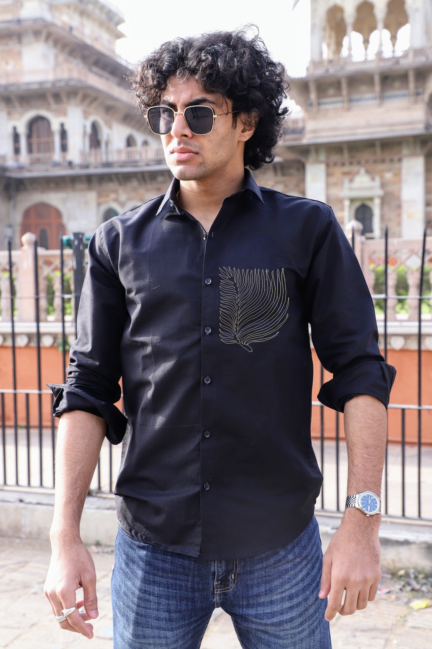 Leaf Embroidered Black Shirt