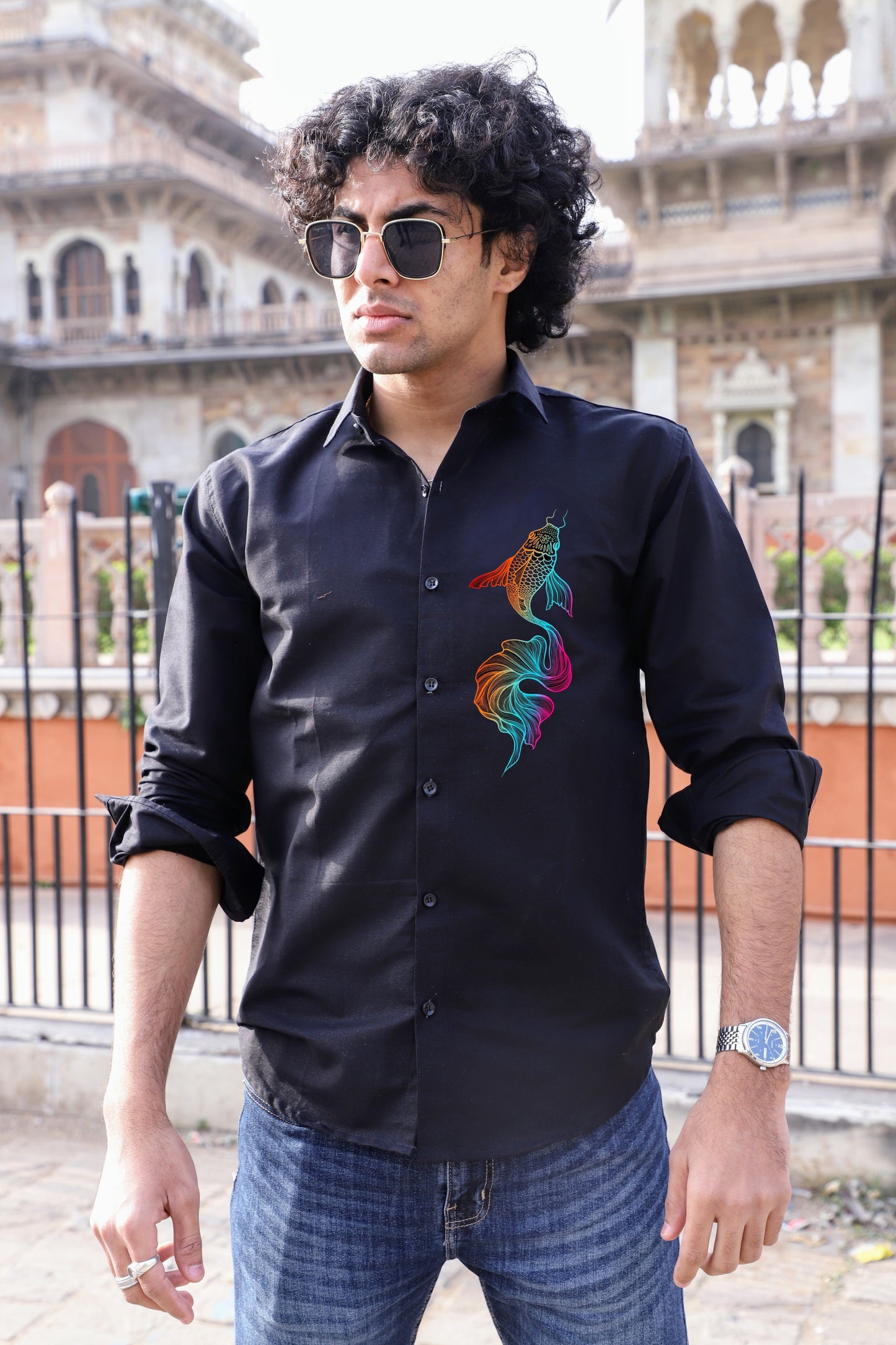 Colourful Fish Printed Black Shirt