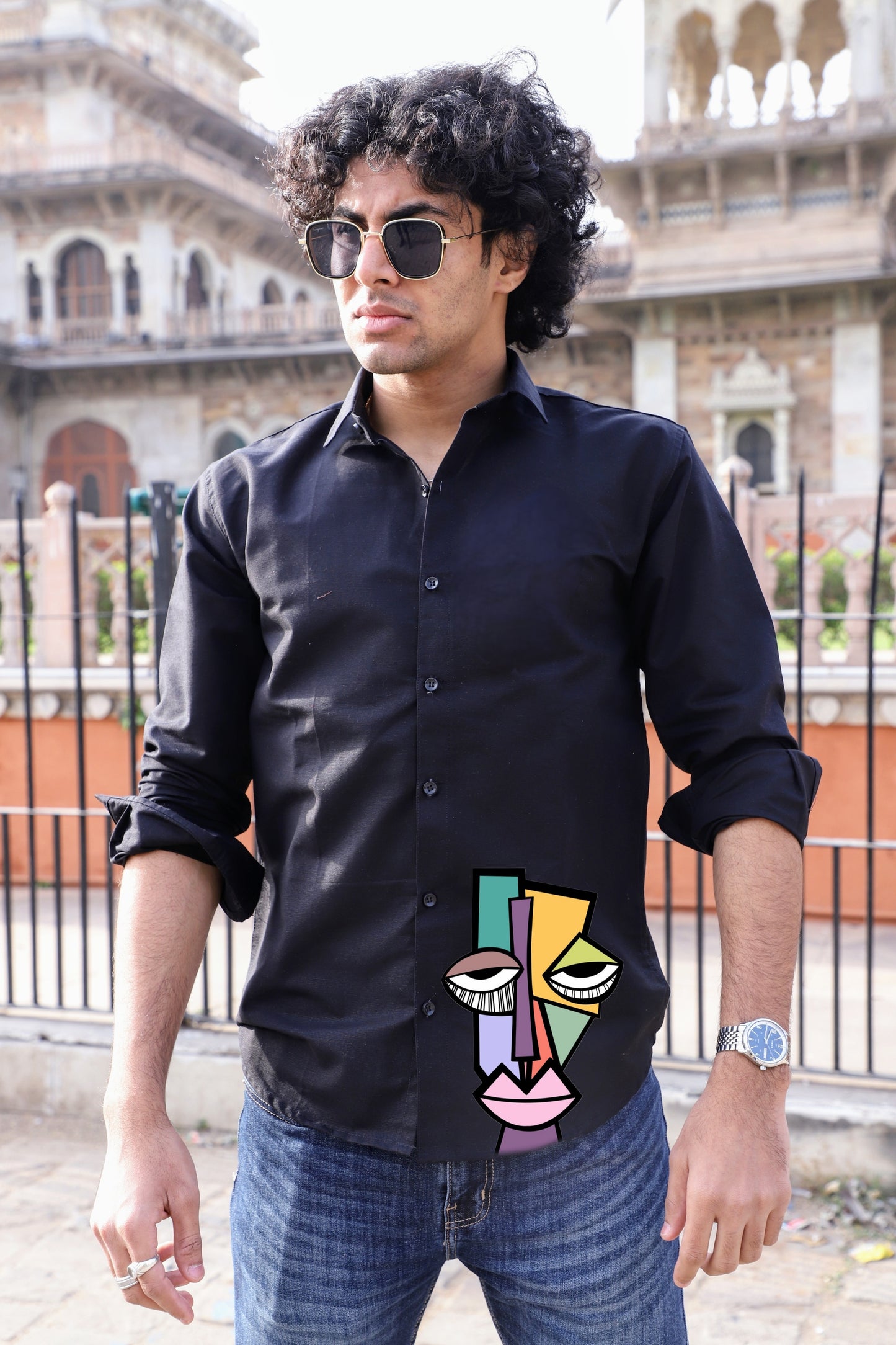 Face Abstract Printed Black Shirt