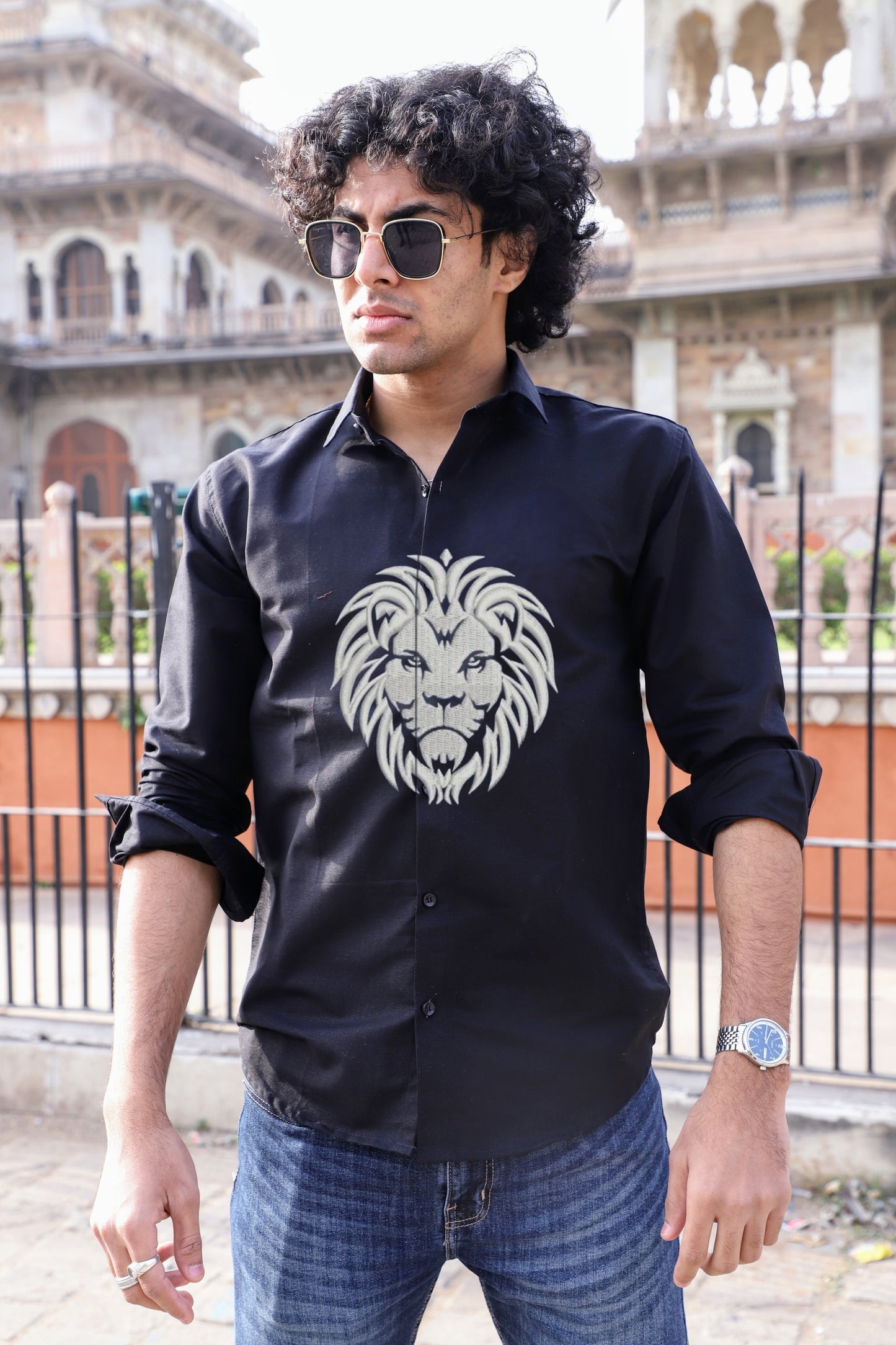 Lion Embroidered Black Shirt