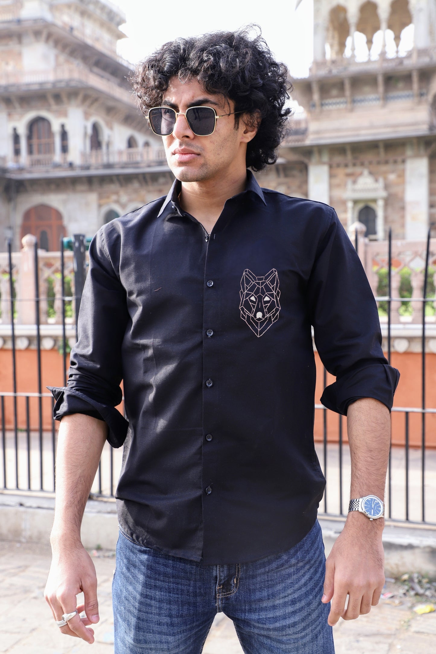Wolf Embroidered Black Shirt