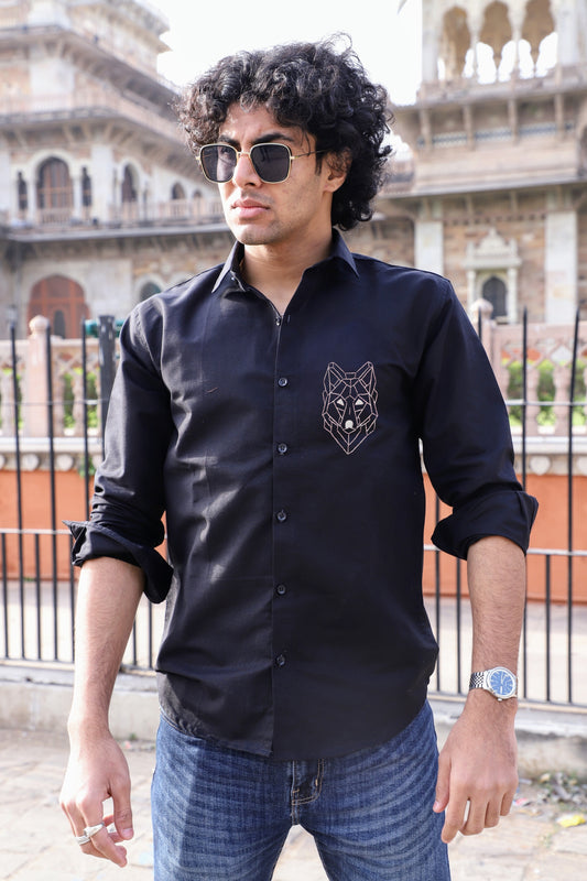 Wolf Embroidered Black Shirt