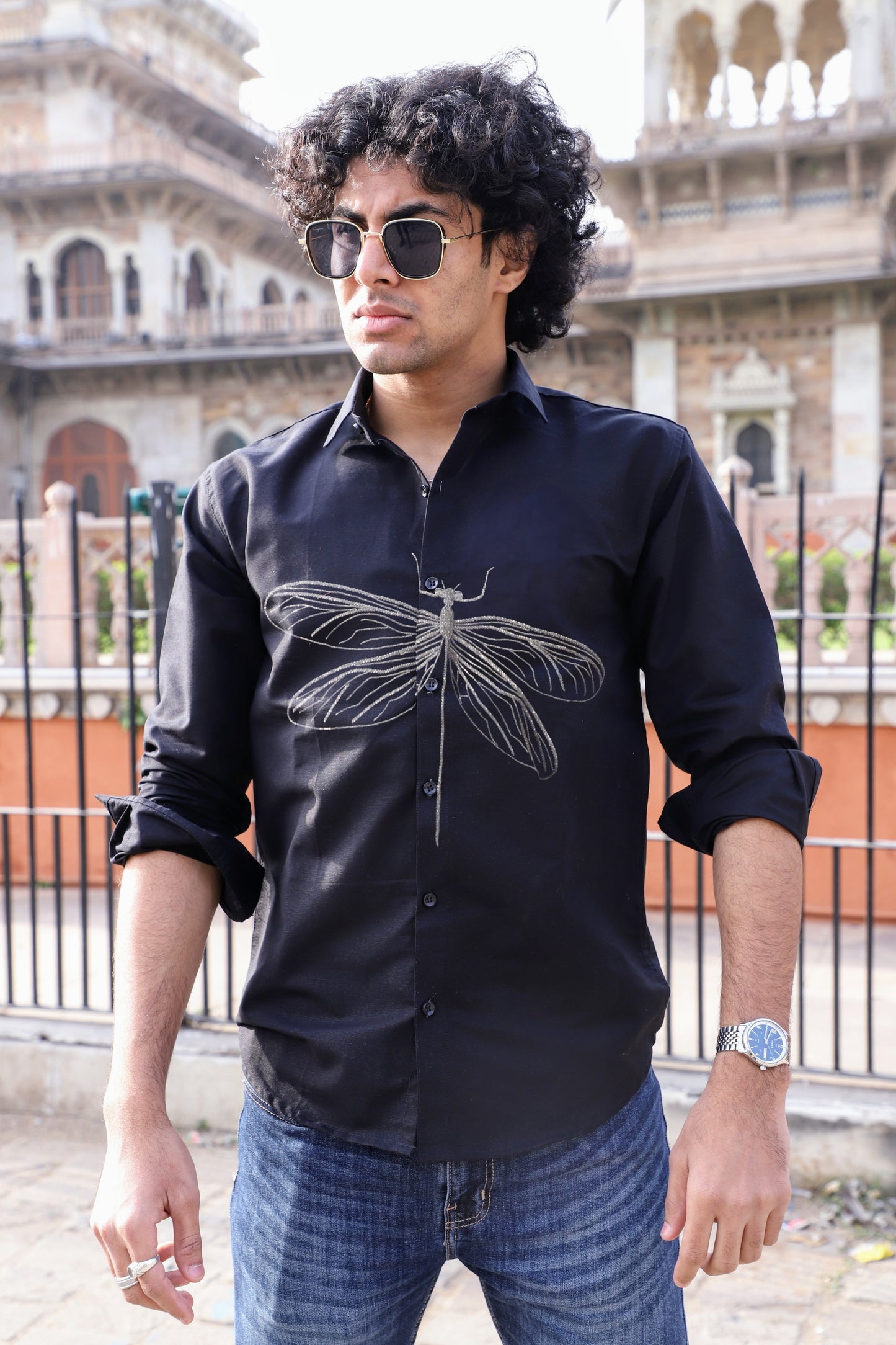 The Large Silver Butterfly Elegant Black Shirt